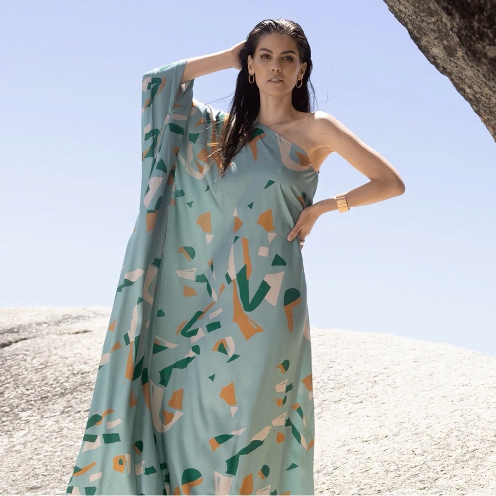 Diarrablu Satu Dress Green and Orange One-Shoulder Asymmetrical Kaftan Size L - Picture 3 of 12